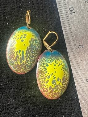 Hand Crafted Yellow Blue Red Oval Drop Earrings